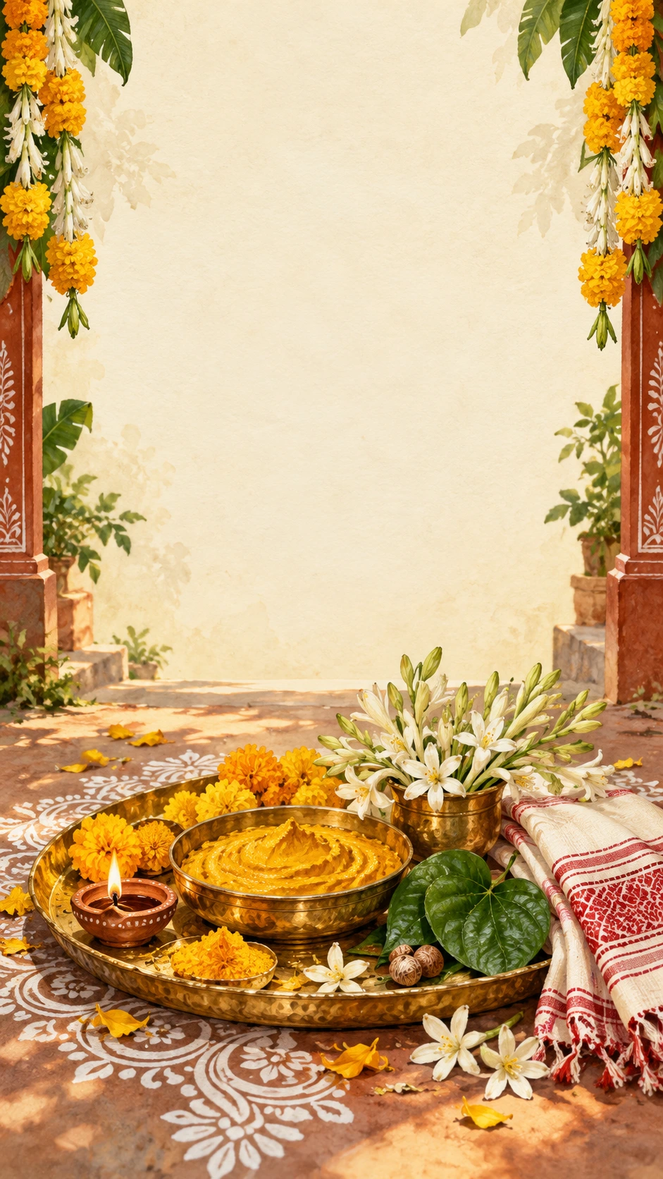 Turmeric, marigolds and a ceremonial brass tray