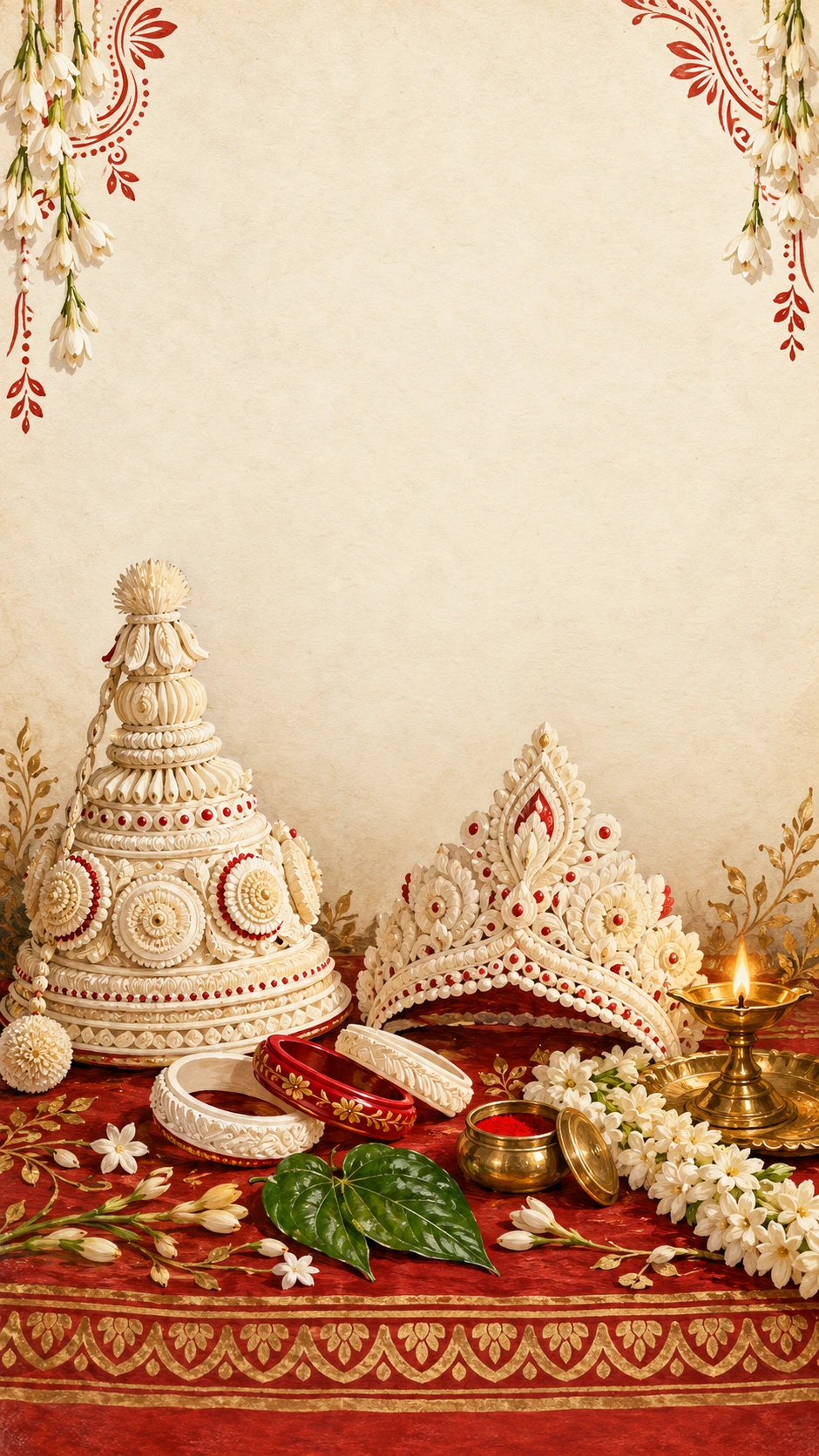 Bengali wedding crowns, shankha-pola bangles and a brass lamp