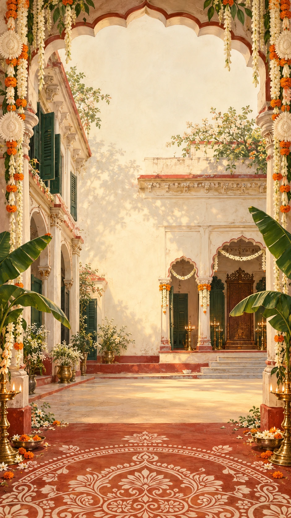 An illustrated Bengali courtyard with flowers and lamps