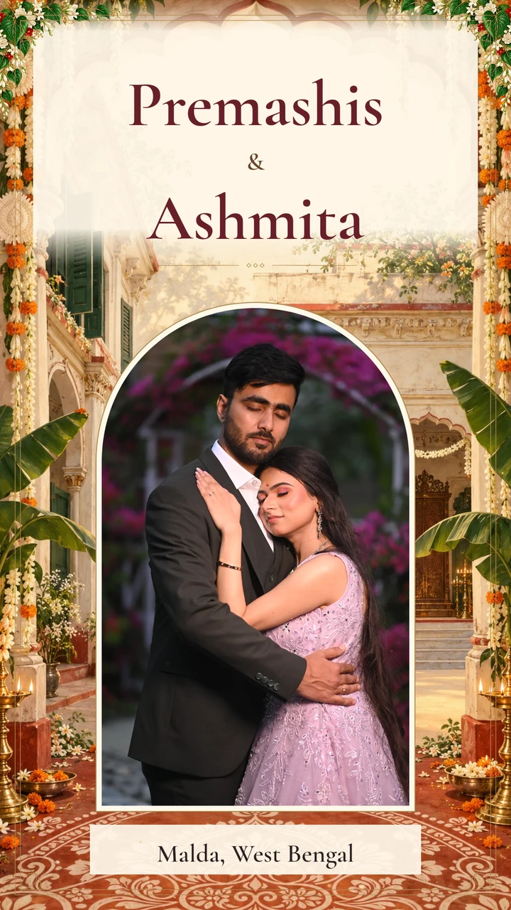 Illustrated portraits of Premashis and Ashmita in Bengali wedding attire